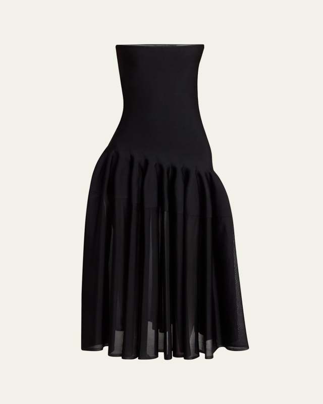 Long Strapless Pleated Fit-Flare Dress
